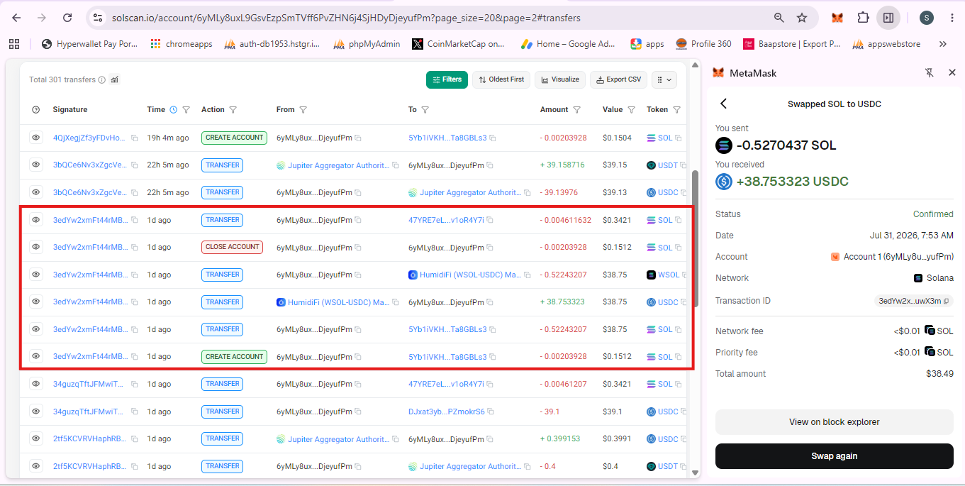 SOL to USDC transaction and fee proof