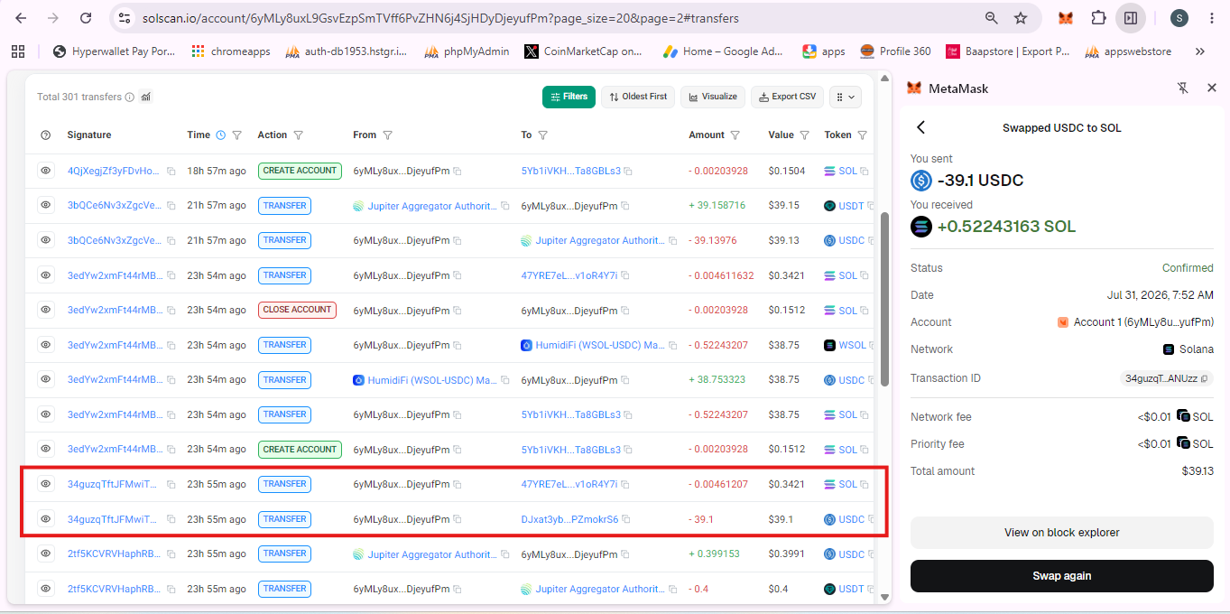 USDC to SOL transaction and fee proof
